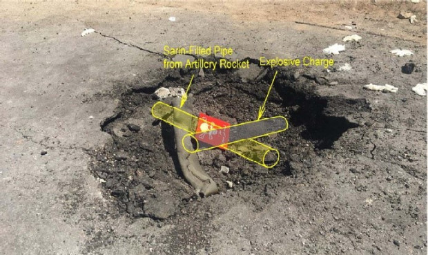 Figure 4 shows the possible configuration of an improvised sarin dispersal device that could have been used to create the crater and the crushed carcass of what was originally a cylindrical pipe.